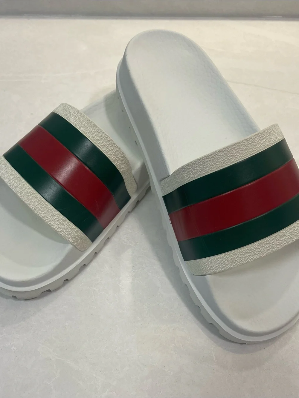 Gucci White Web Rubber Lug Slide Sandals